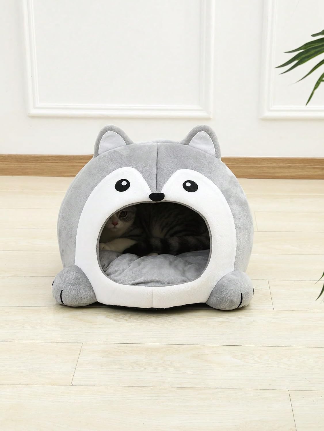 review QWINEE Indoor Fox Shape Cat Bed Cave with Removable Cushion - Pet Plush Tent House Cartoon Ear Design Pet Bed with Pompom for Cats Kitten Dogs Puppy and Rabbit Grey A Large