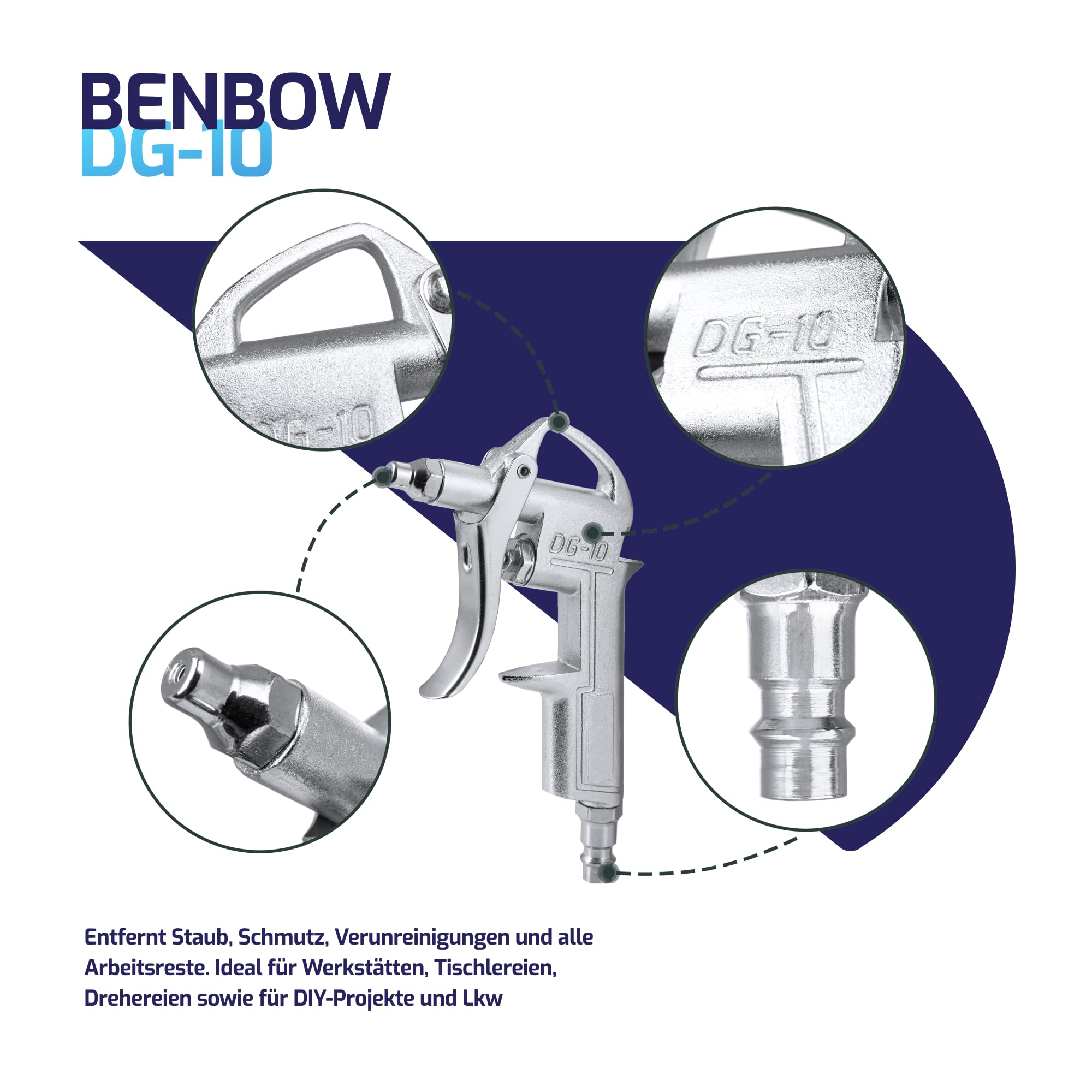 BenBow DG10 pistolet pneumatyczny z 3 dyszami i szybkozłączką – wytrzymały pistolet do wydmuchiwania wysokociśnieniowego do wydajnego czyszczenia, akcesoria do zastosowań przemysłowych