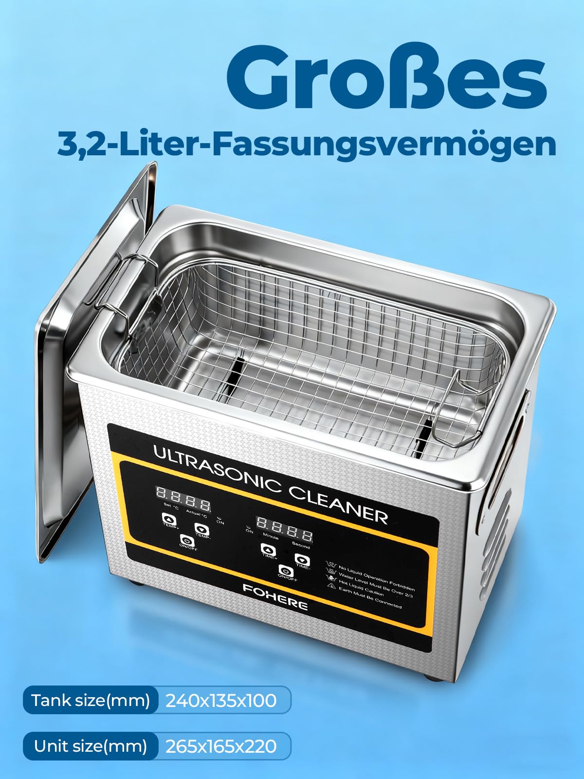 FOHERE Ultraschallreiniger Maschine, Professioneller digitaler Labor-Ultraschall-Teilereiniger mit Heizungstimer, für Schmuckaufbereitung, Autoteile (Ventile/Getriebe), Waffenteile (3.2L)