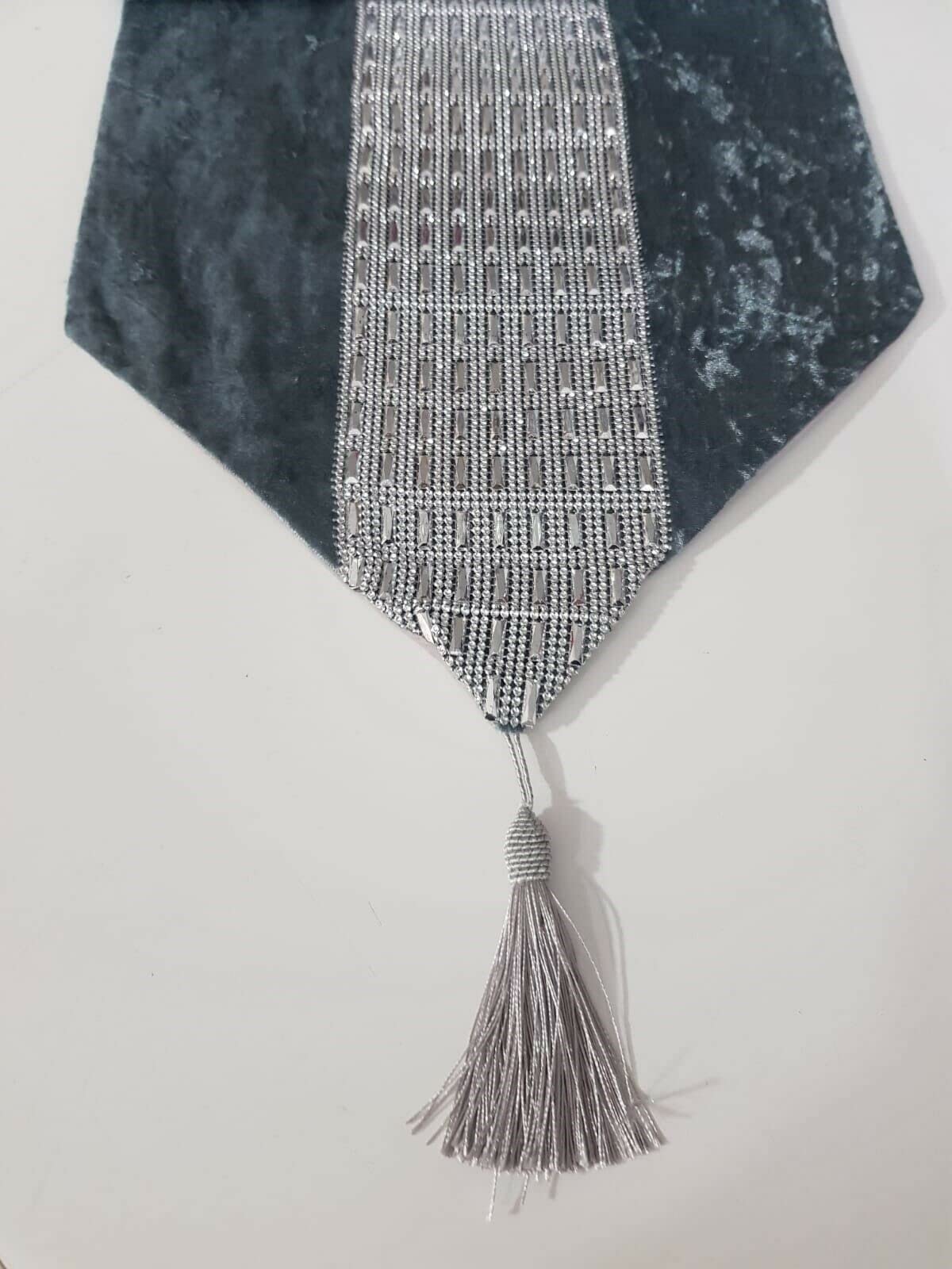 New Diamante Crushed Velvet Table Runner Dining Sparkle Tasseled Edges 198 x 32 cm (Grey, 198 x 32 cm)