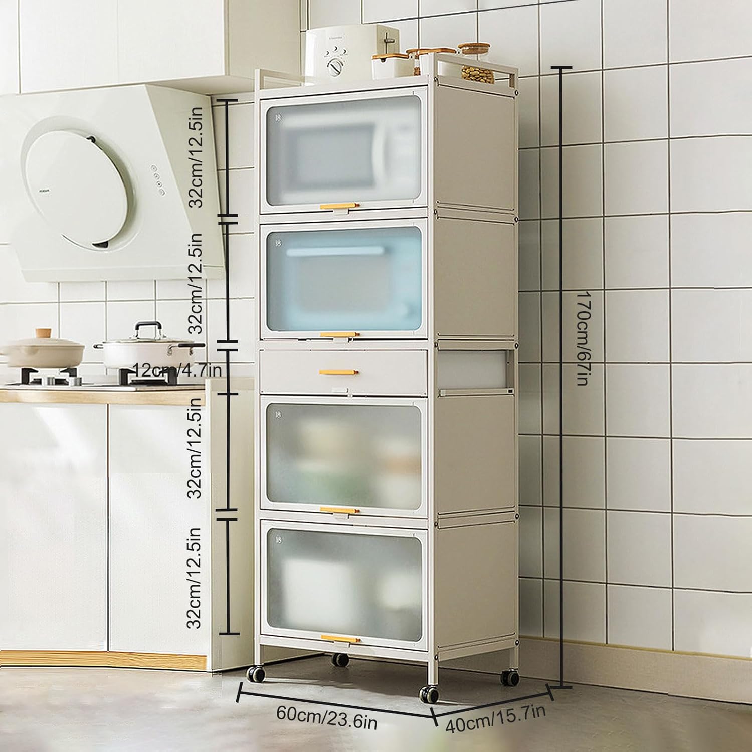 5 -Tier Microwave Stand with Flip Door Cabinet, Standing Bakers Rack for Kitchen Storage, Metal Shelves with Brakeable Casters and Drawer for Kitchen Pantry Living Room,Black,60×170cm/23.6×67in