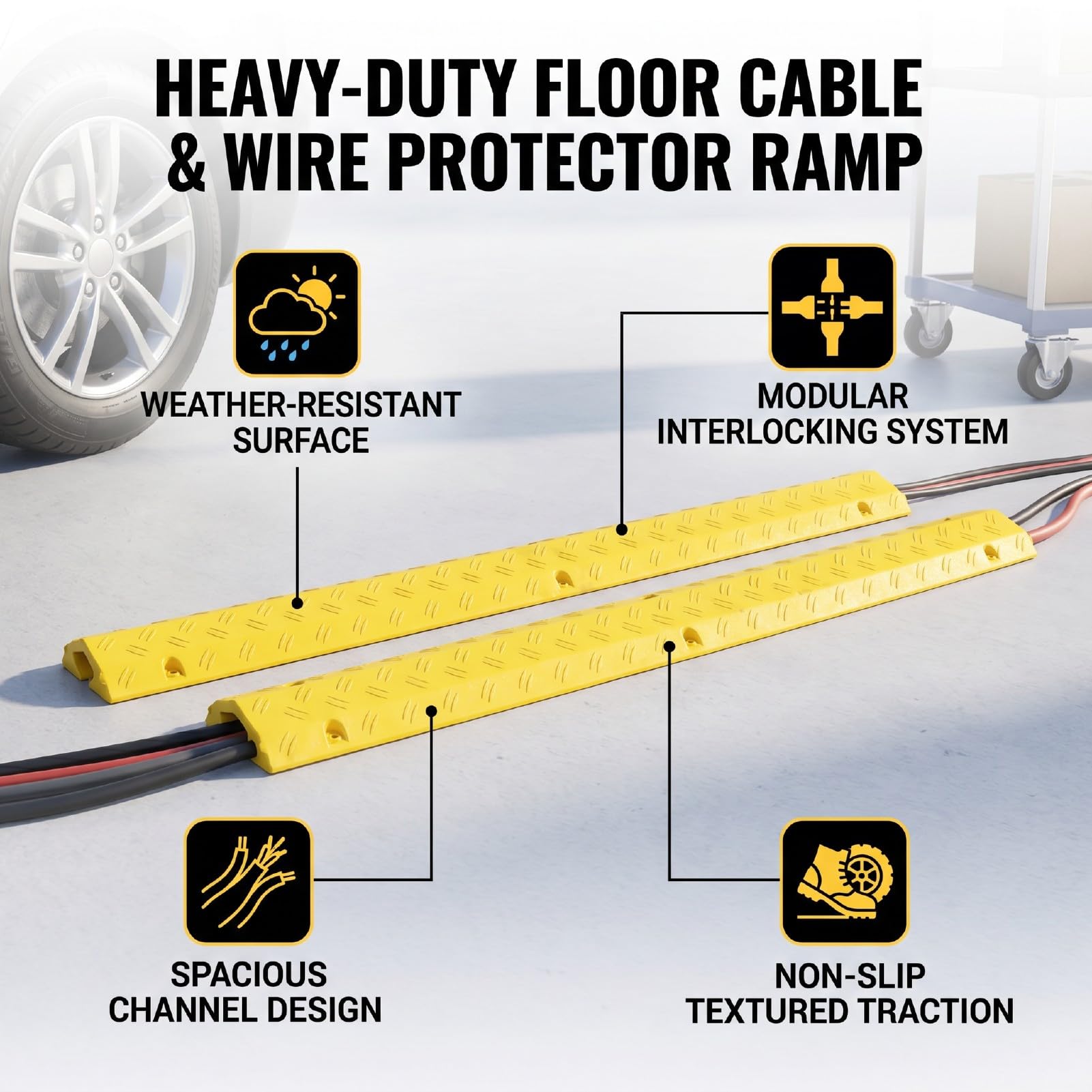Rampa Protectora de Cables de Goma, Paquete de 2, Cubierta para Cables de Suelo de Alta Resistencia de 39,37 Pulgadas, Evita tropiezos con los Cable, para el hogar