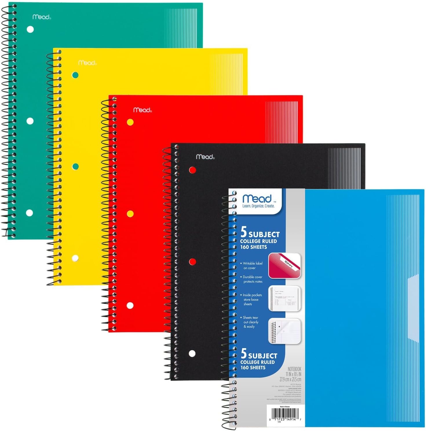 Mead Spiral Notebook, 5 Pack, 5 Subject, College Ruled Paper, Plastic Cover, 8-1/2" x 11", 160 Sheets per Notebook, Black, Red, Blue, Green and Yellow (820316A-ECM)