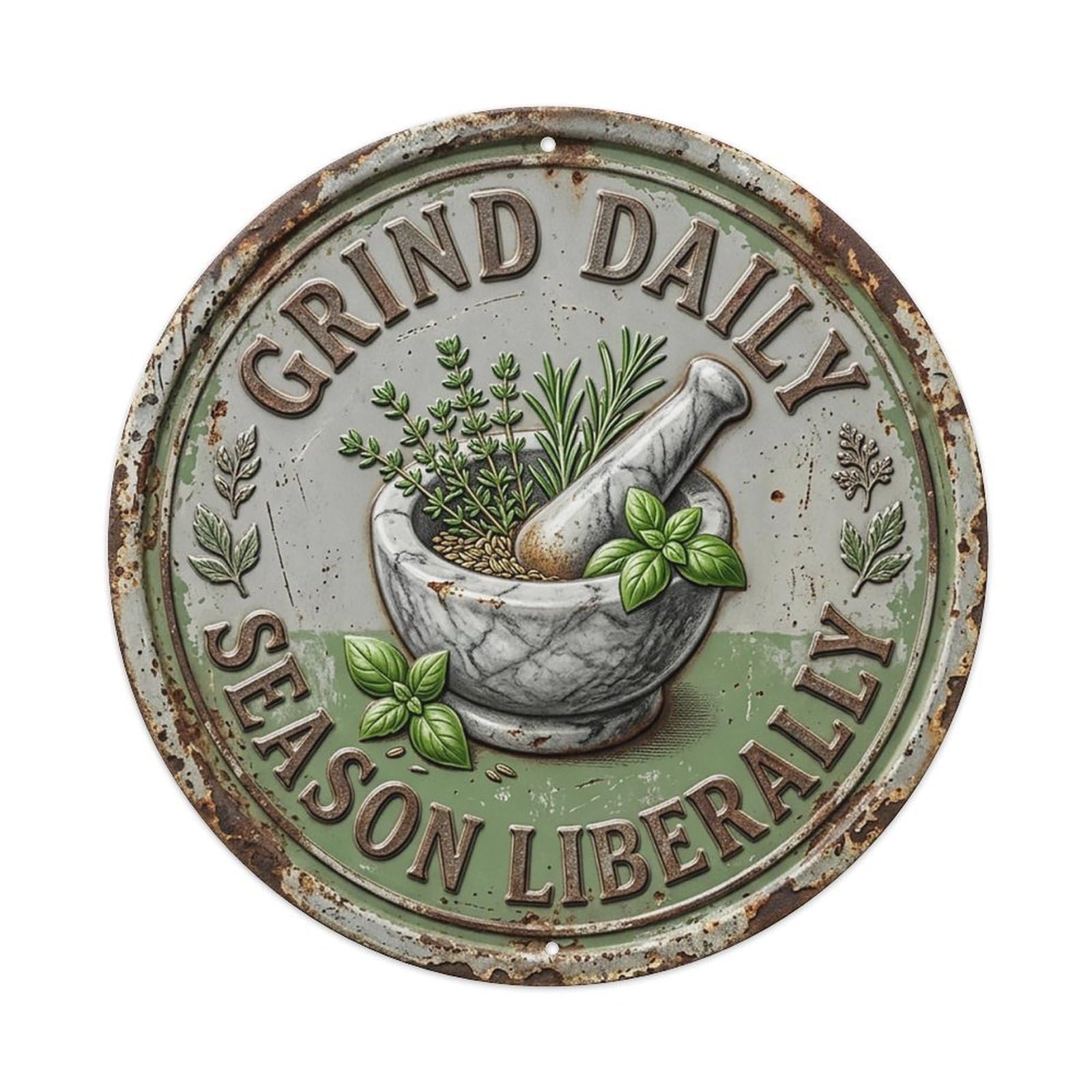 Mortar Pestle Grind Pantry Metal Tin Sign