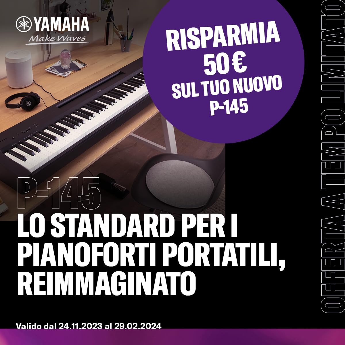 Yamaha P-145 Digital Piano - Pianoforte Digitale leggero e portatile & HPH-50B Cuffie Sovraurali, Cuffia On Ear con Meccanismo Girevole 90°, Semplice e Compatta