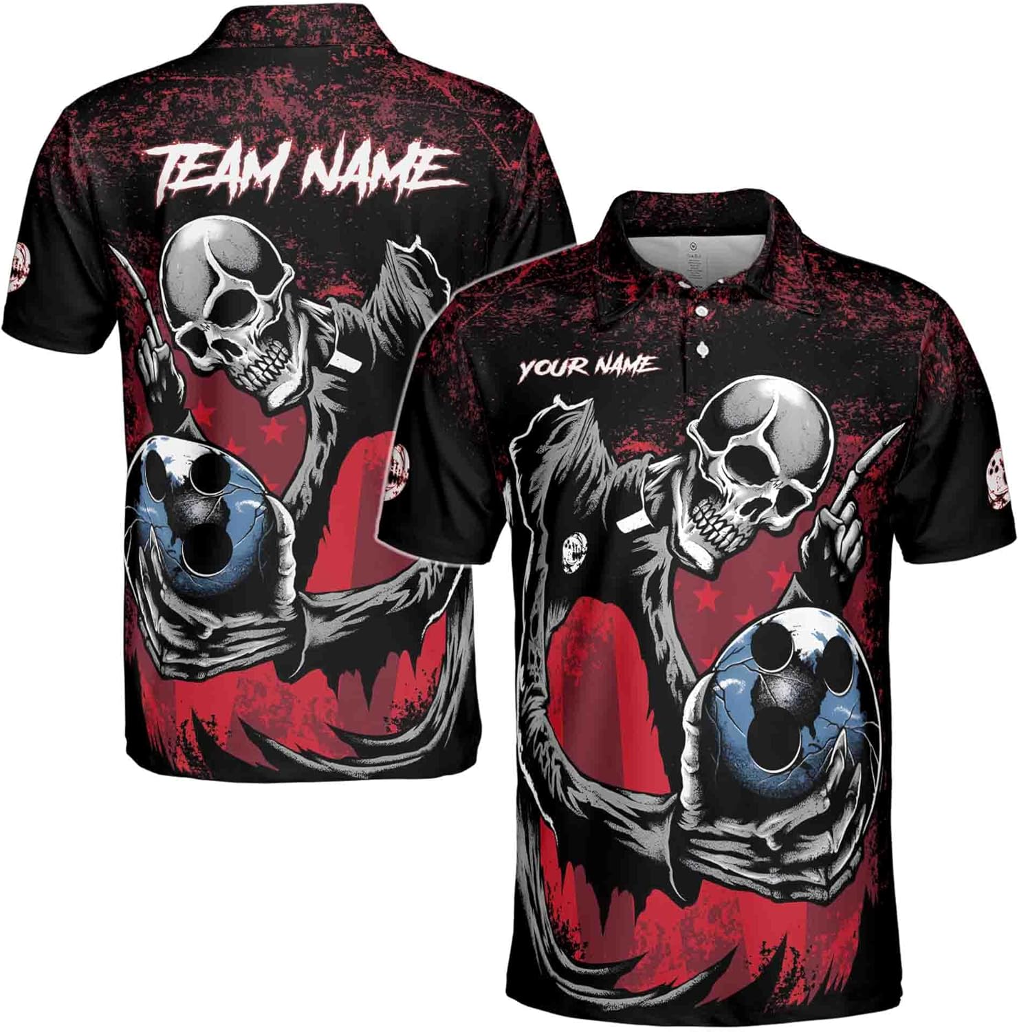Custom Name Team Name Horrified Skull Bowling Ball Men's Polo Shirt S-5XL