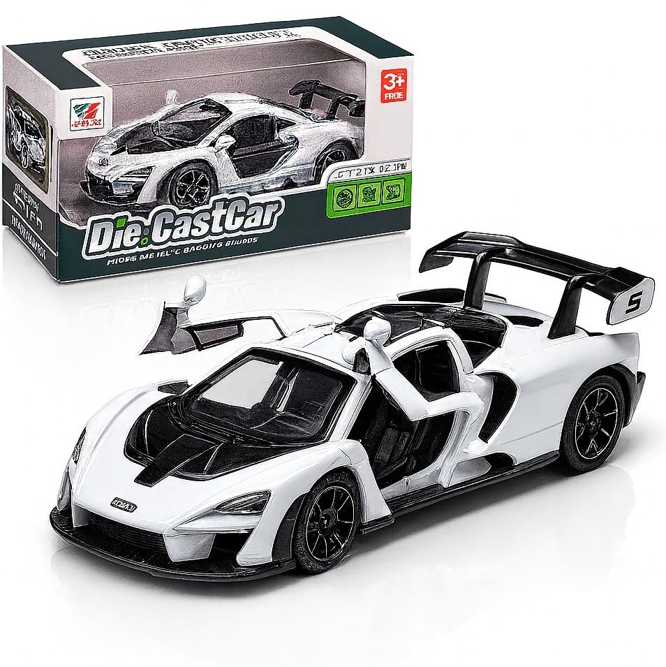 Image of 1:28 Scale McLaren Senna Car Toy Alloy Metal Die-Cast Supercar Model with Openable Doors, Lights & Sound, Pull-Back Sports Car Toy for Kids, Boys & Collectors - Gift Item (White)