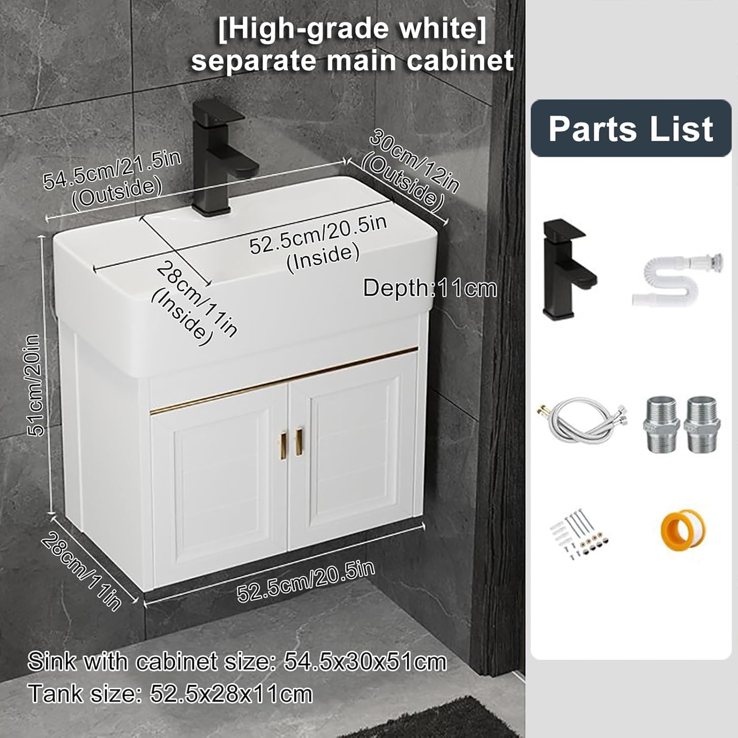Mini Rectangle Lavatory Porcelain, Rectangle Bathroom Vessel Sink, Wall Mounted Bathroom Cabinet Set, for Small Space Wall Mounted Floating Cabinet with Cold and Hot Water Pipe Faucet ( Size : 54.5*30