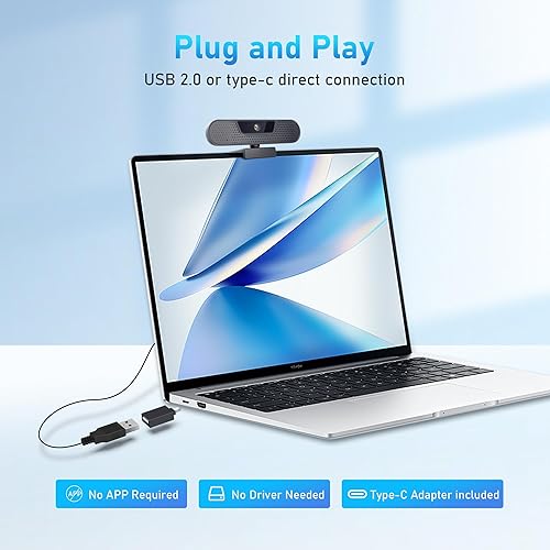 Miniatura 7 de Cámara web 4K, cámara de computadora con 4 micrófonos con cancelación de ruido para computadora/portátil/Mac, cubierta de privacidad y trípode,