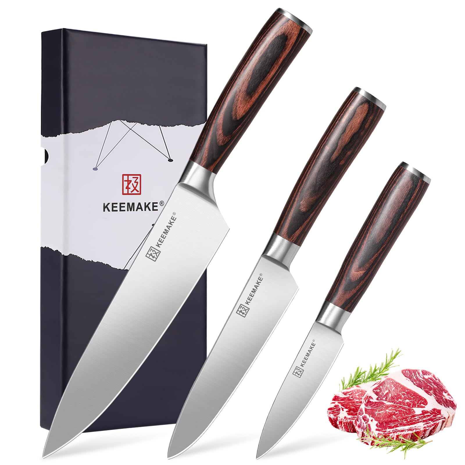 KEEMAKE 3 Piece Kitchen Knife Set, Professional Forged High Carbon Steel Chef Utility Paring Knives, Ultra Sharp Japanese Style Cooking Knife Set with Ergonomic Pakkawood Handles, Gift Box, Dad Gifts