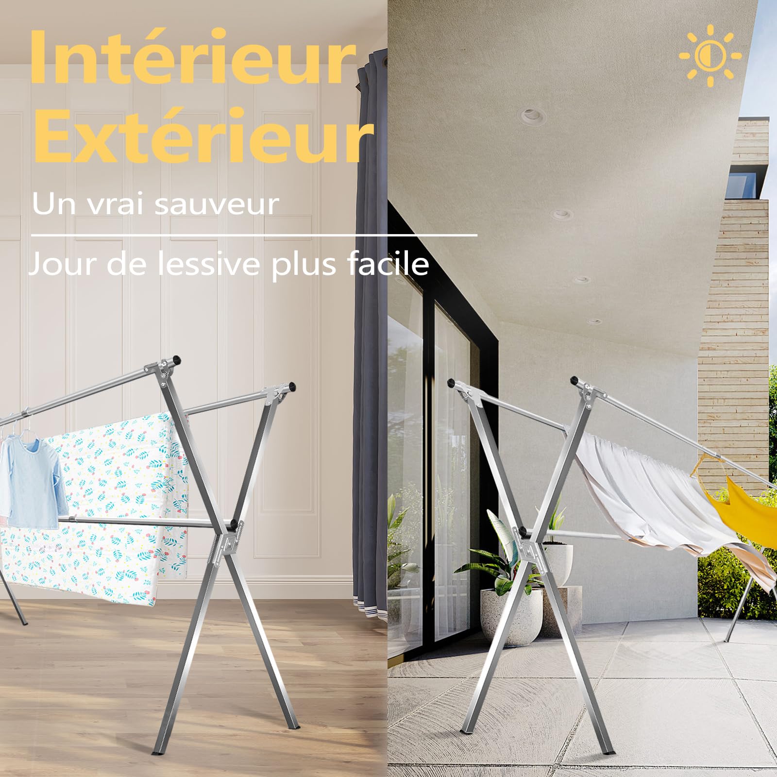URYAN 200cm Séchoir à Linge, Étagère de séchage en Acier Inoxydable Robuste-Étendoir à Linge Pliable intérieur extérieur,Séchoir Linge Portable autoportant avec 20 Crochets Anti-Vent