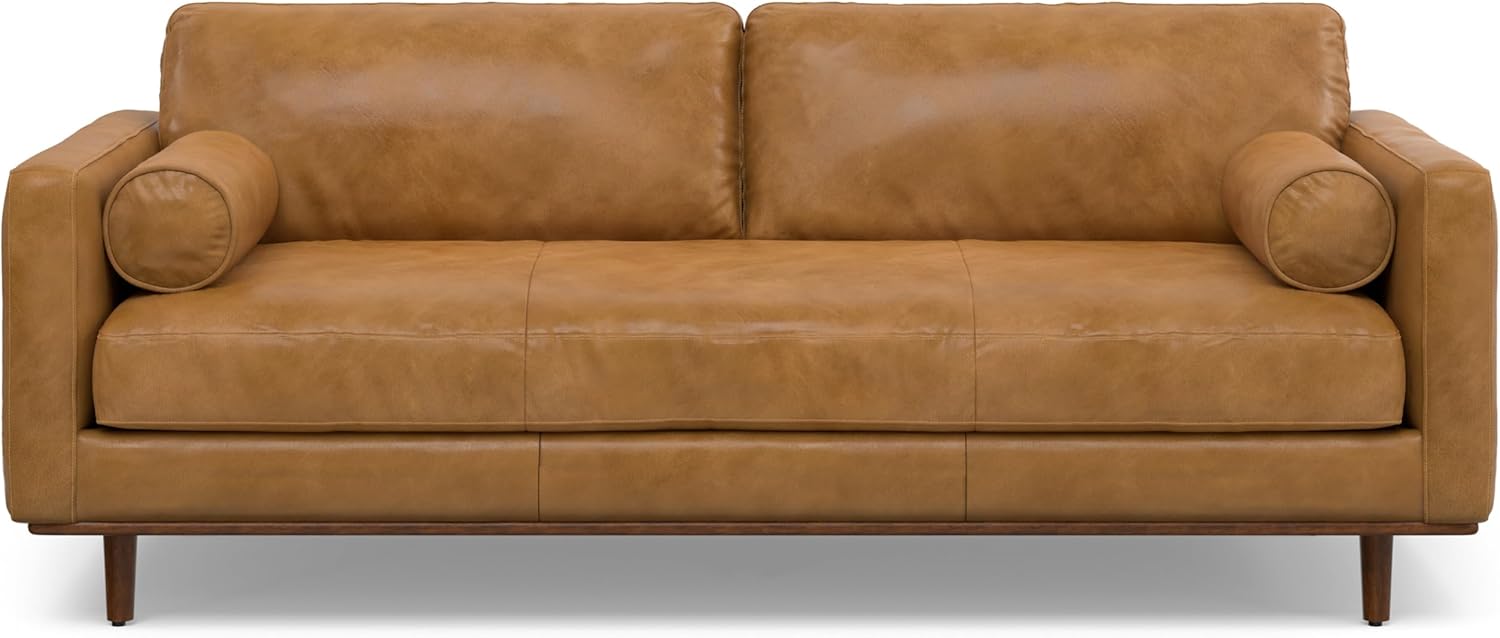 SIMPLIHOME Morrison 89-inch Wide Sofa in Sienna Top Grain Genuine Leather, Mid-Century Modern Design Couch for Living Room, Single Bench Cushion, 2 Back Cushions, 2 Bolster Pillows