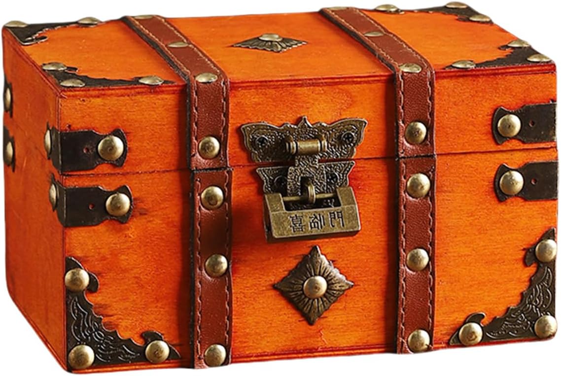 Mjaie Cultural Wooden Memory Box with Secure Code and Leather for Home Use Decorative Storage Chest with Alloy Small Jewelry Chest Antique Vintage