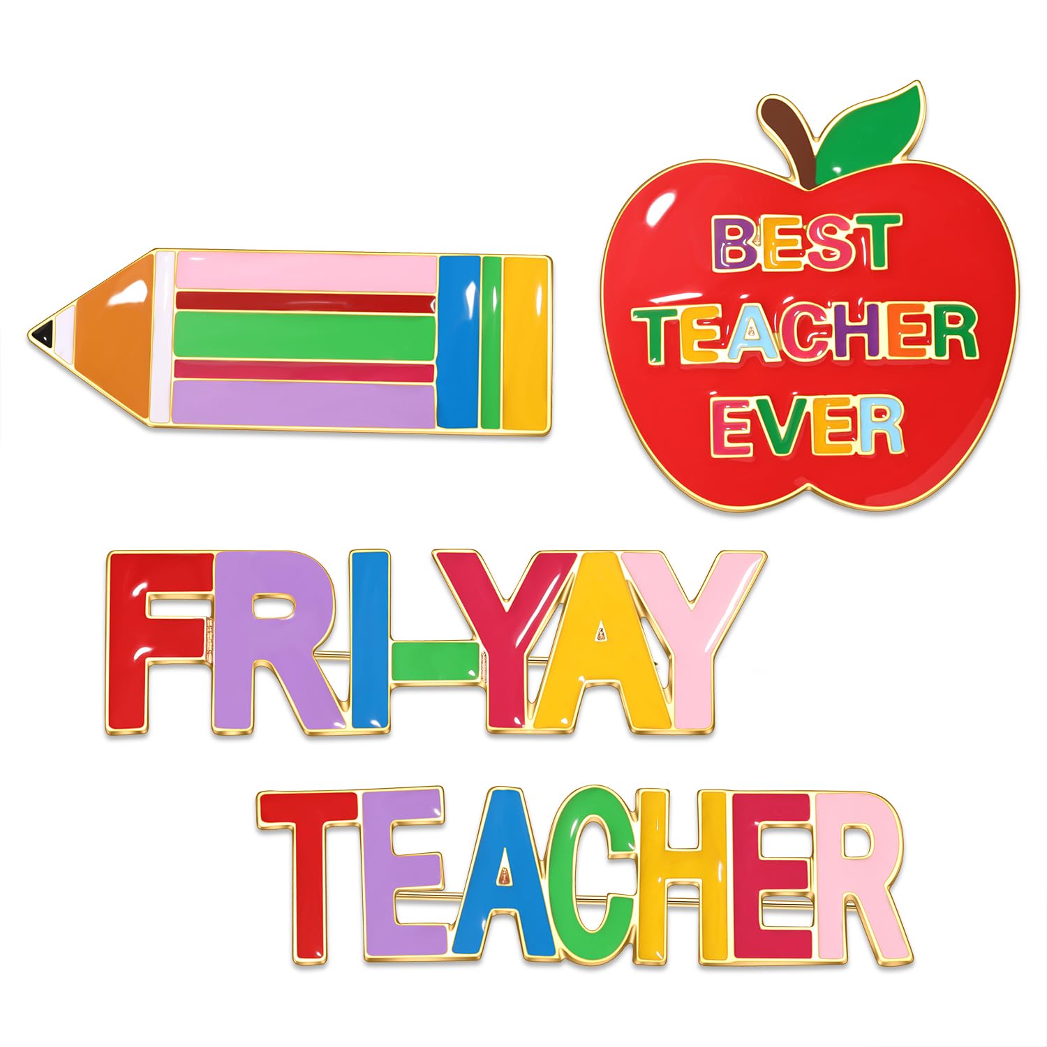 VOGUEKNOCK4Pack Teacher Brooch Pins Enamel Teacher Pencil Apple FRIYAY Lapel Pins Back to School Costume Accessories Gifts for Teacher Appreciation, Alloy Steel, no gemstone