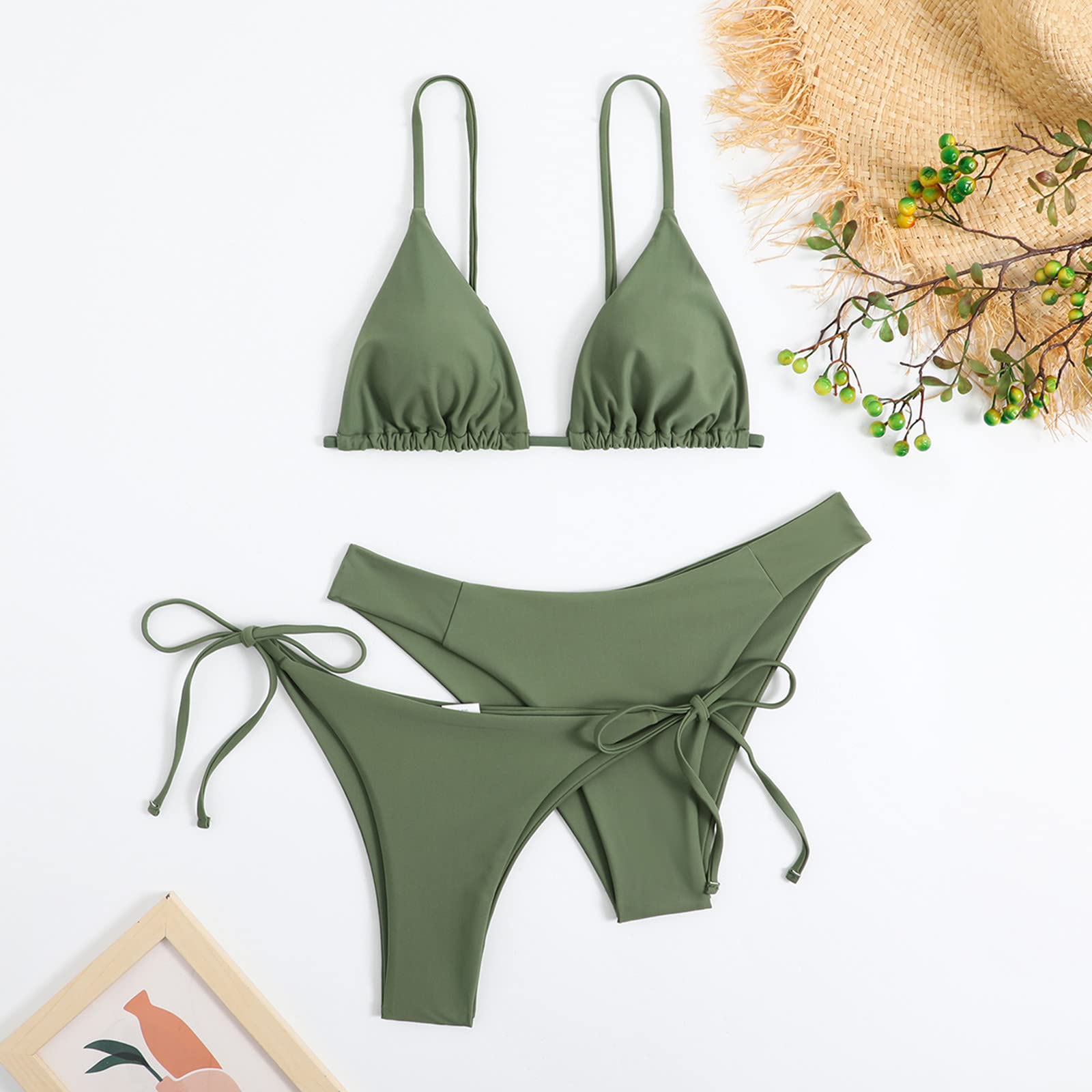 Bikini da donna, 3 pezzi, con fascia, push-up, brasiliano, costume da bagno sexy, verde militare, L