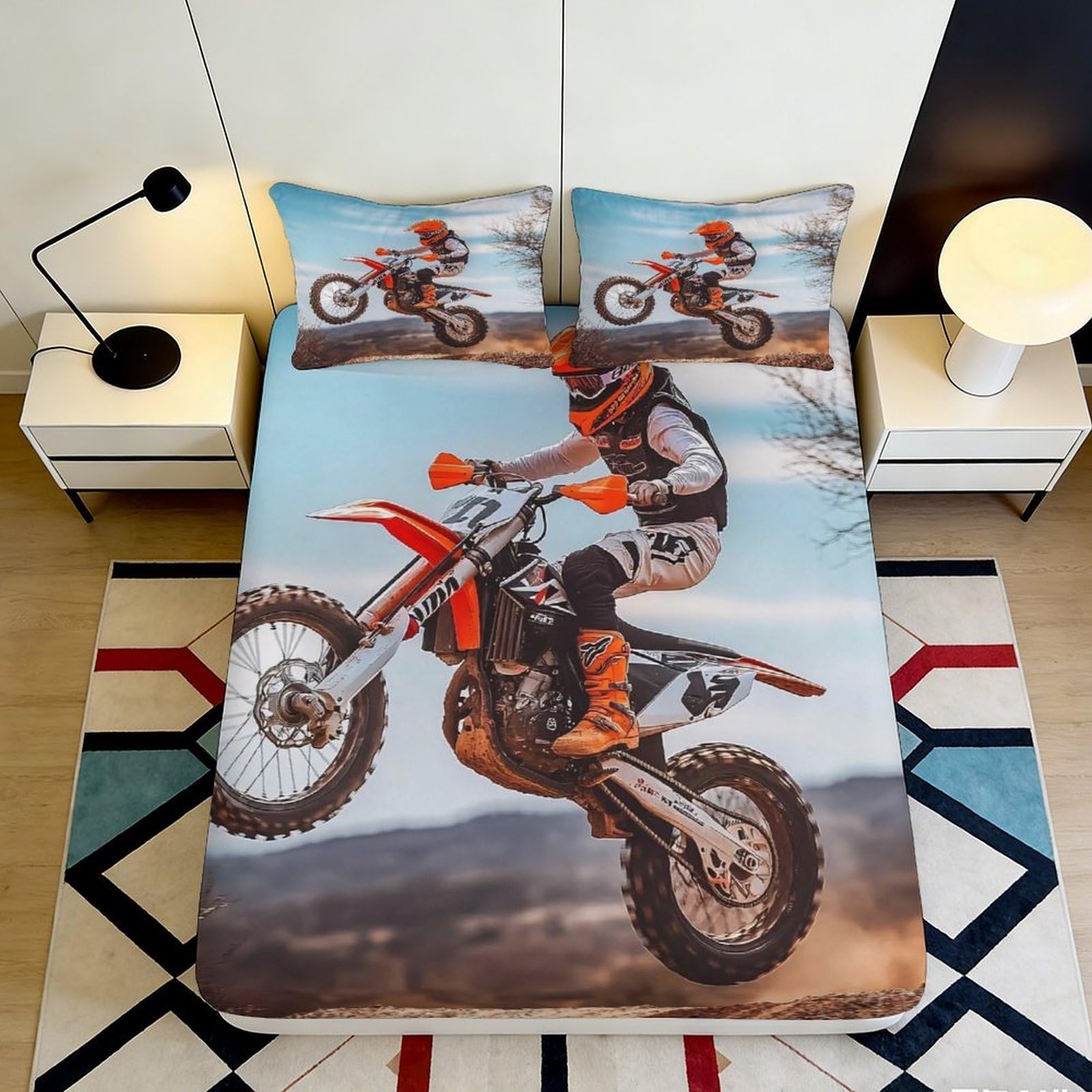 3D Printed Dirt Bike Fitted Sheet Microfiber Soft Durable Motocross Mattress Cover for Bedroom Dormitory Guest Room Protection and Decoration 90x200x25cm