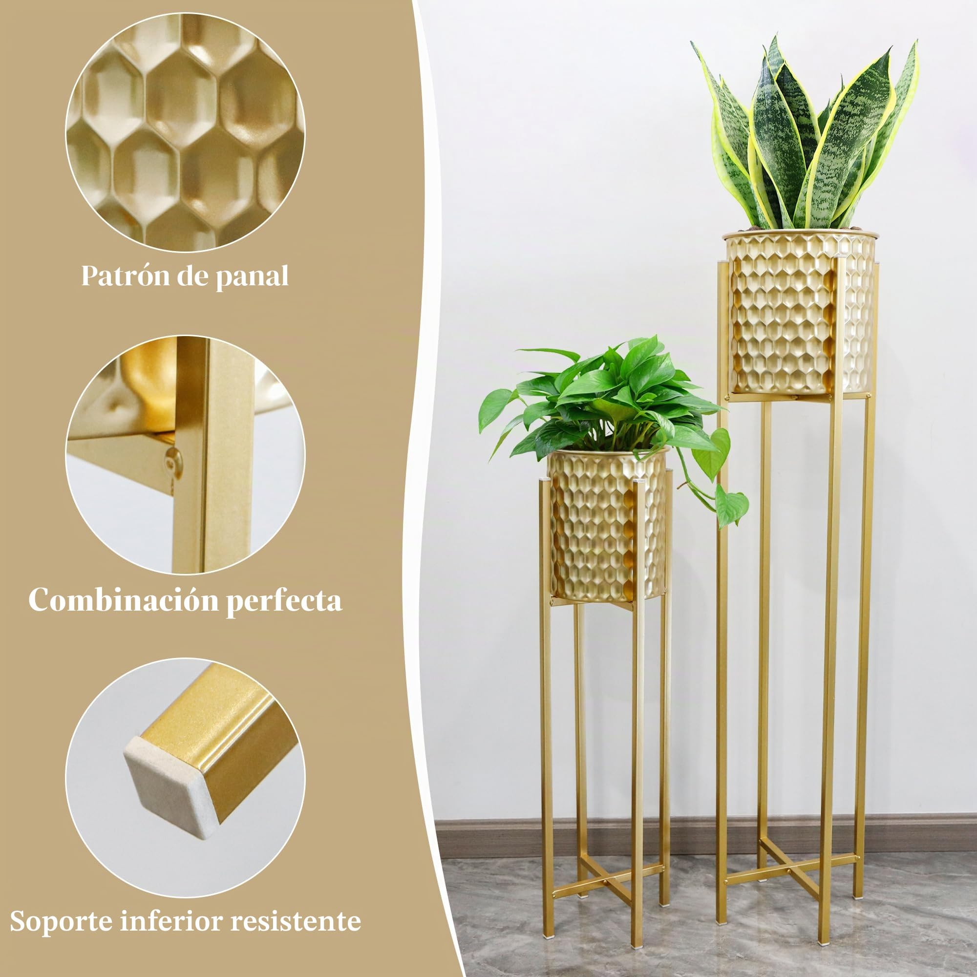 TRIROCKS Set de 2 Maceteros Metálicos Modernos con Soporte para Plantas 104 cm y 74 cm Altos, Jardineras para Interiores/Exteriores (Oro)