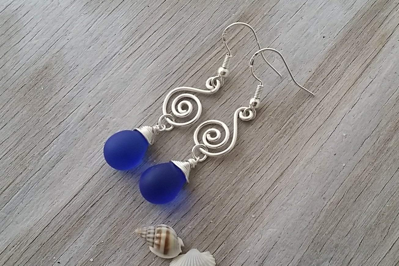 Handmade in Hawaii, wire cobalt Sapphire blue sea glass earrings,"September Birthstone", (Hawaii Gift Wrapped, Customizable Gift Message)