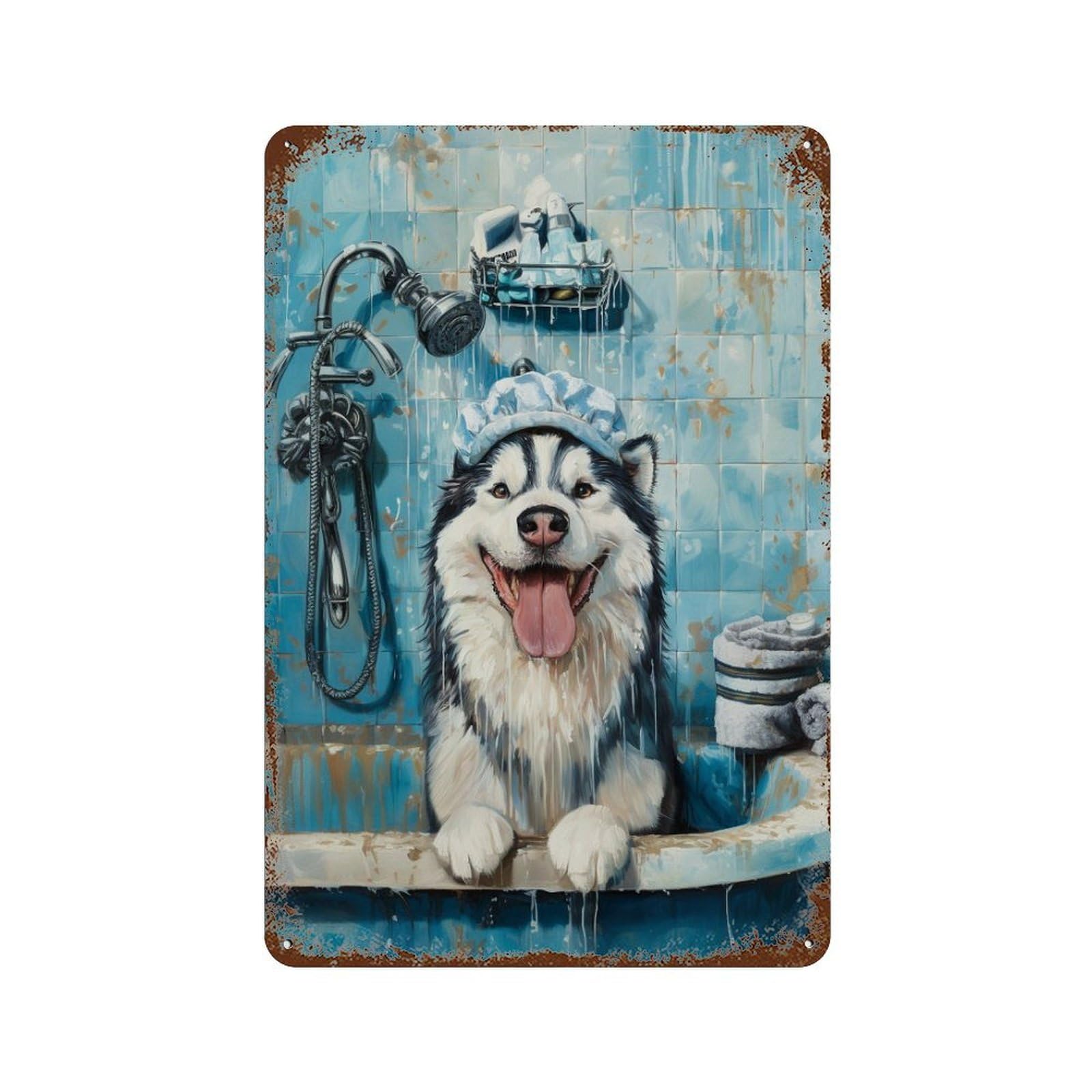 Happy Dog in Shower Distressed Metal Wall Sign 11.8"x7.9", Ideal for Pub, Kitchen And Man Cave Decor
