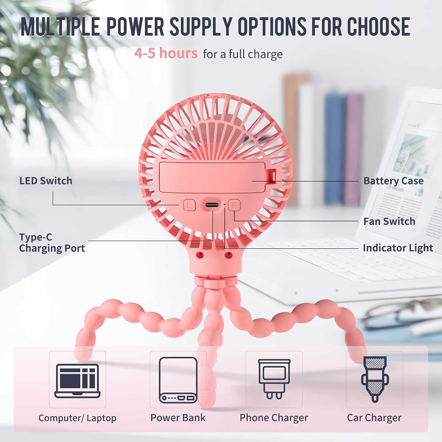 Stroller Fan Upgraded Handheld Personal Fan Battery Operated Mini Portable Fan with LED Light Aromatherapy, Flexible Tripod Clip On Fan with 3 Speeds Versatile Fan for Car Seat Crib Bike Desk (Pink) : Baby