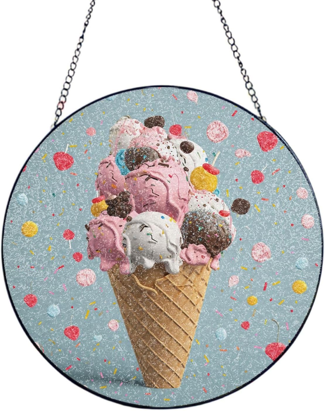 Stained Glass Window Hanging 6in（15cm）, Sweet Ice Cream Glass Suncatcher for Home Decor, Indoor Wall Art Glass Panel with Metal Chain and Hooks, Sun Catcher Ornament Birthday Gifts