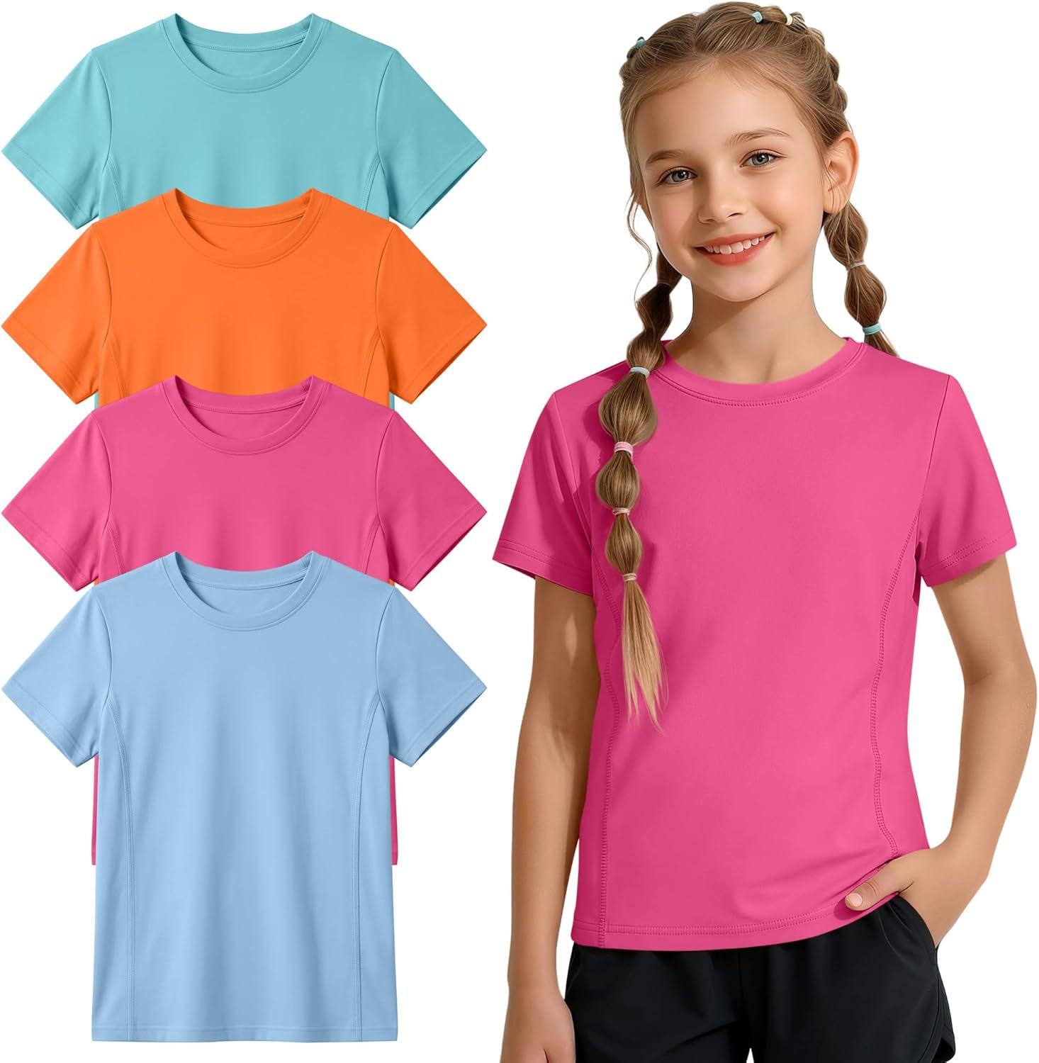 4 Pack Girls' Athletic Shirts Short Sleeve Quick Dry Active T-Shirt Summer Crew Neck Sports Activewear Top for Kids