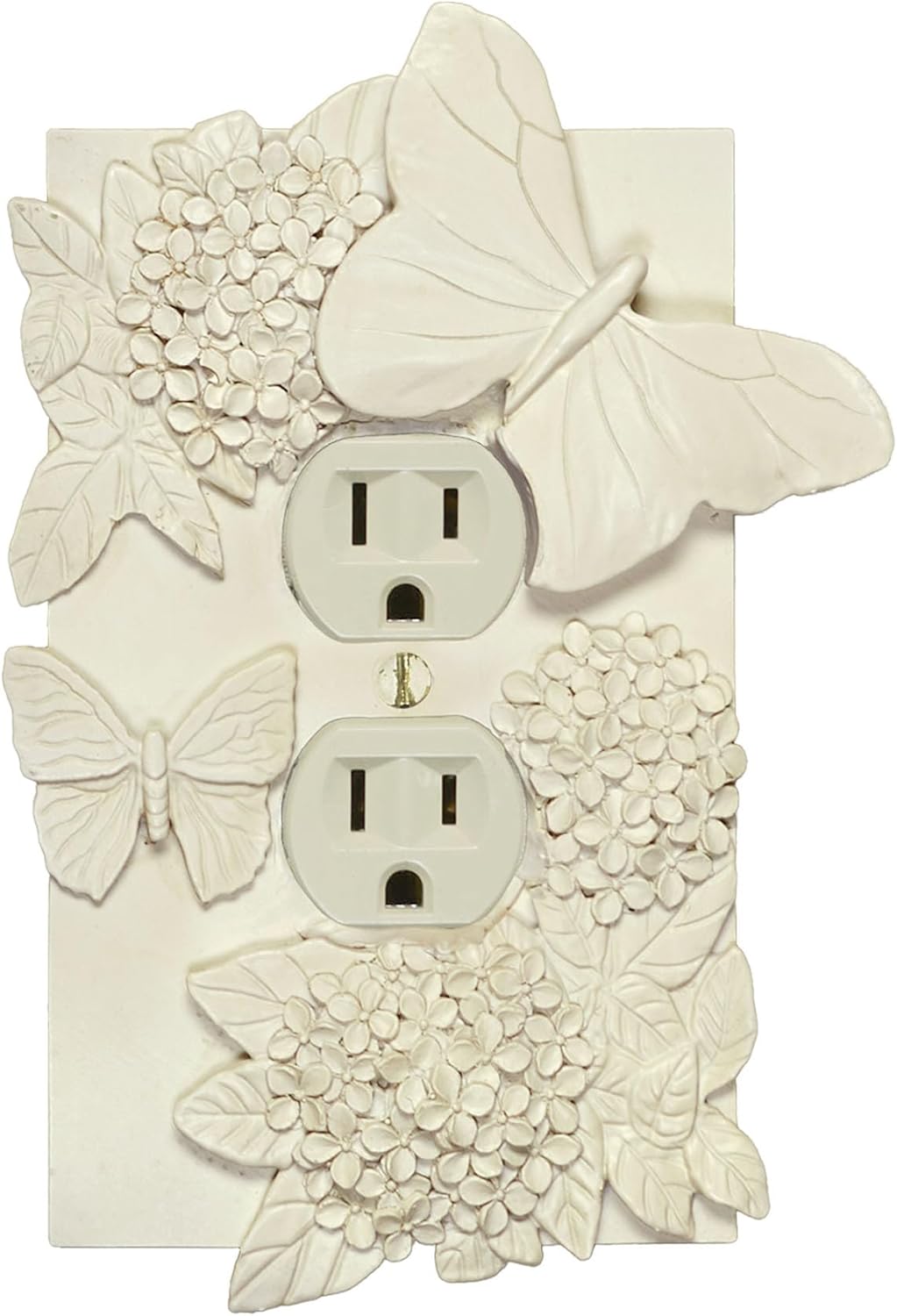 Butterfly In Bloom Lighting Switchplate | Handpainted Antique White | 1-Gang Single Outlet (2 Socket Plugs) Cover | Vintage Garden Butterflies & Hydrangea Flowers | Color-Match Hardware is Included