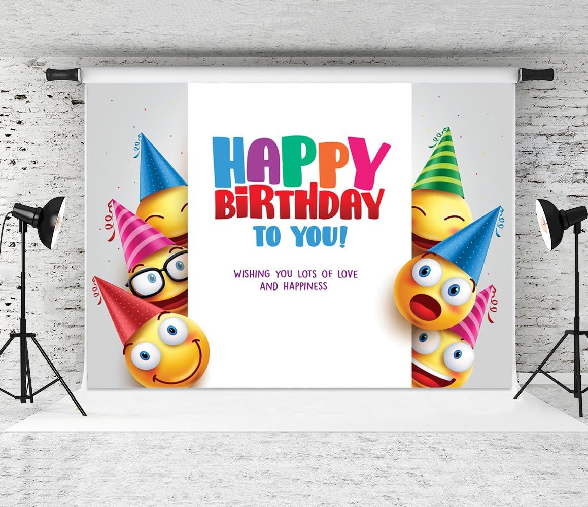 Dudaacvt 7x5ft Vinyl Brithday Emoji Backdrops White Wall Vector Design with Smileys Wearing Birthday Hat Photo Background for Baby Kids Birthday Decoration Party Celebration Q0150705 …