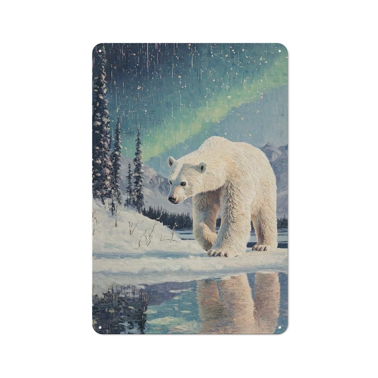 Junmoney Style-22 Tin Wall Sign With Polar Bear Under Aurora Borealis Design 30X20cm, Classic Kitchen Wall Decor For Restaurant, Kitchen, Counter Or Breakfast Nook