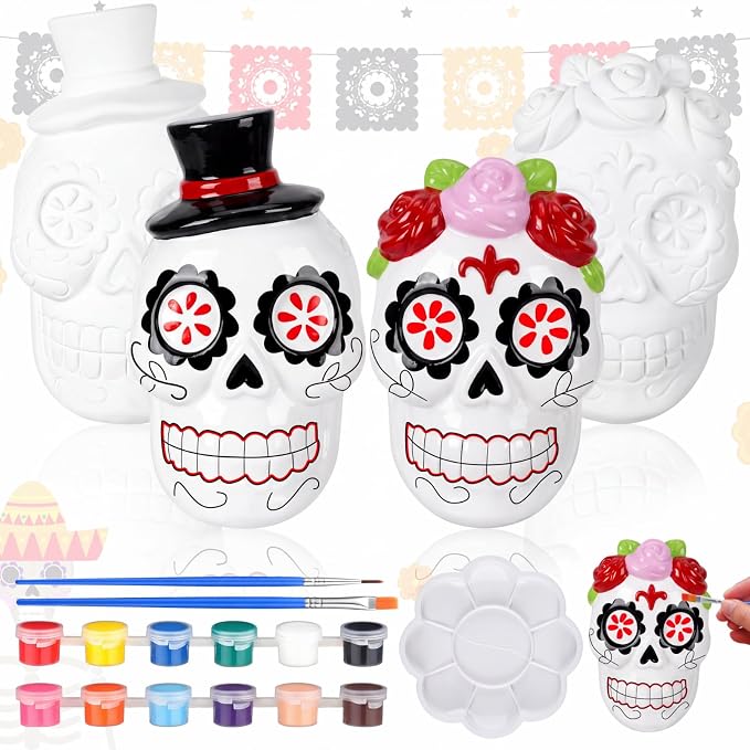 Seenelling 2 Pack Halloween Ready to Paint Statues 4'' DIY Skulls to Paint