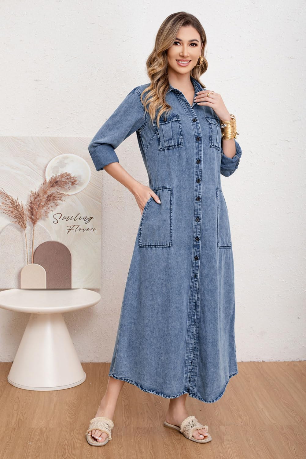 utcoco Womens Denim Shirt Dress Vintage Lapel Long Sleeve Casual Button Down Maxi Jean Dresses - Image 5