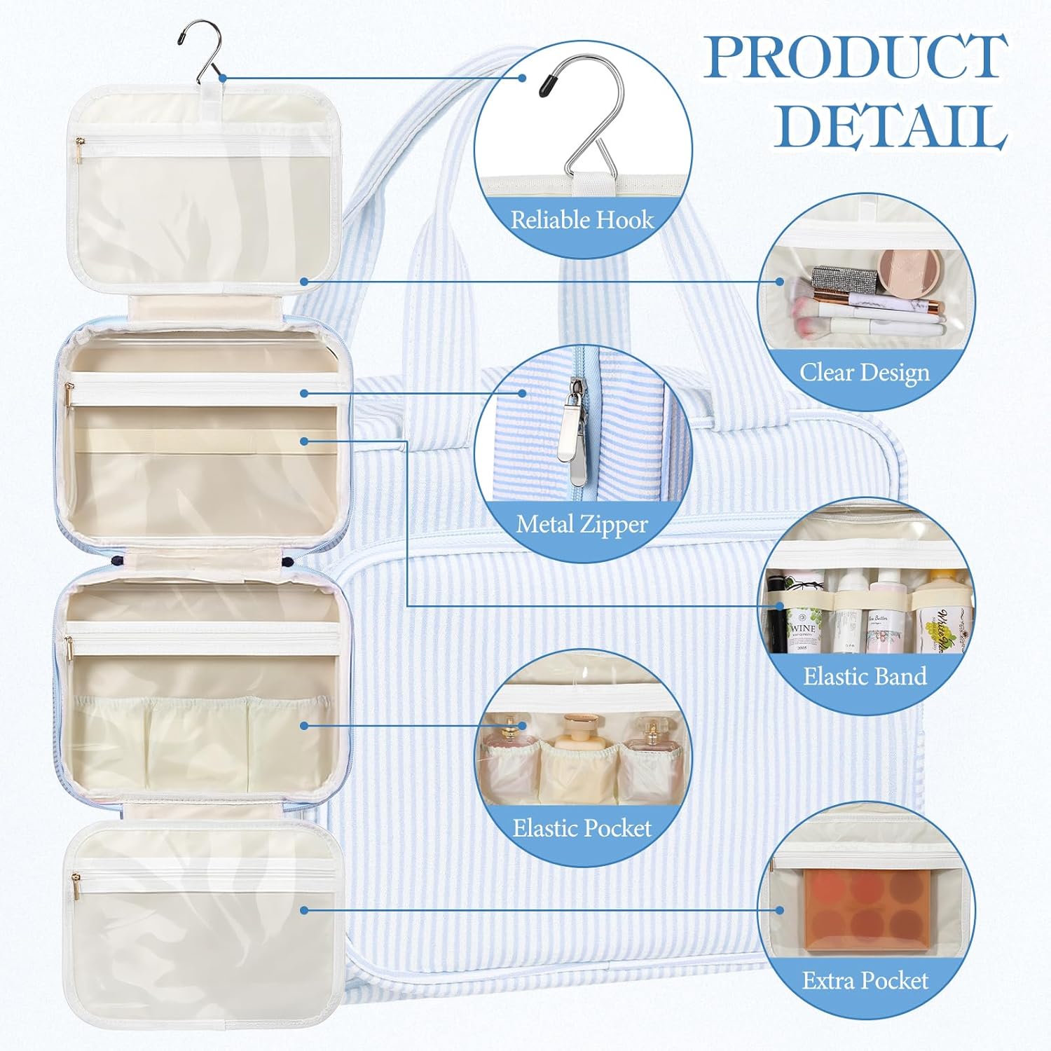 Hanging Toiletry Bag for Women with Detachable Pouch, Travel Toiletry Bag, Travel Size Toiletries, Cosmetic Bags, Seersucker Makeup Bags Gifts for Her Mom Girlfriend Wife Teacher(Blue) - Image 4