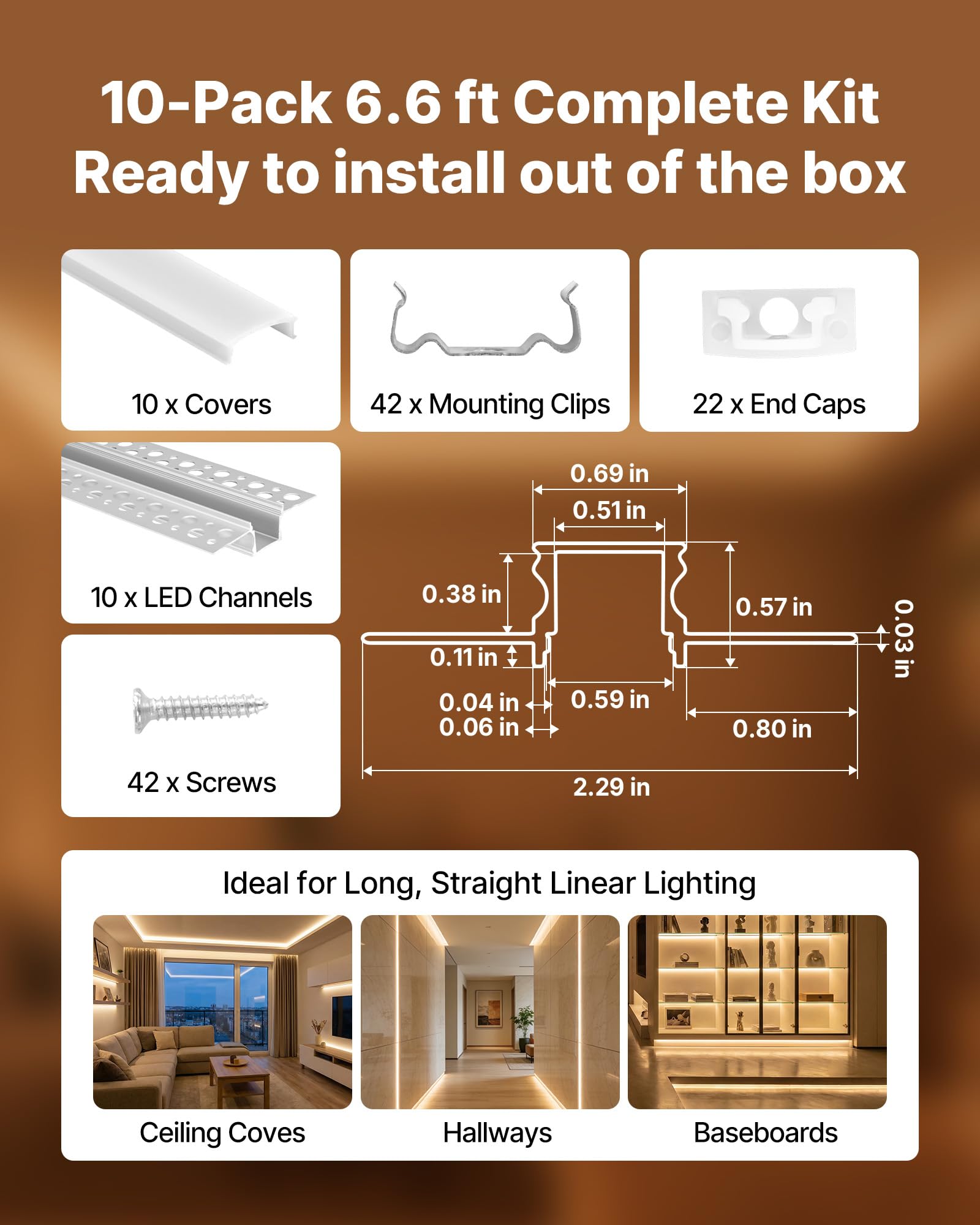 VEVOR Set di Profili per Strisce LED in Alluminio 10 pezzi da Incasso Lunghezza 2 m, Confezione 10 Canali per Luci LED per Cartongesso Illuminazione da Parete Soffitto con Diffusore Bianco