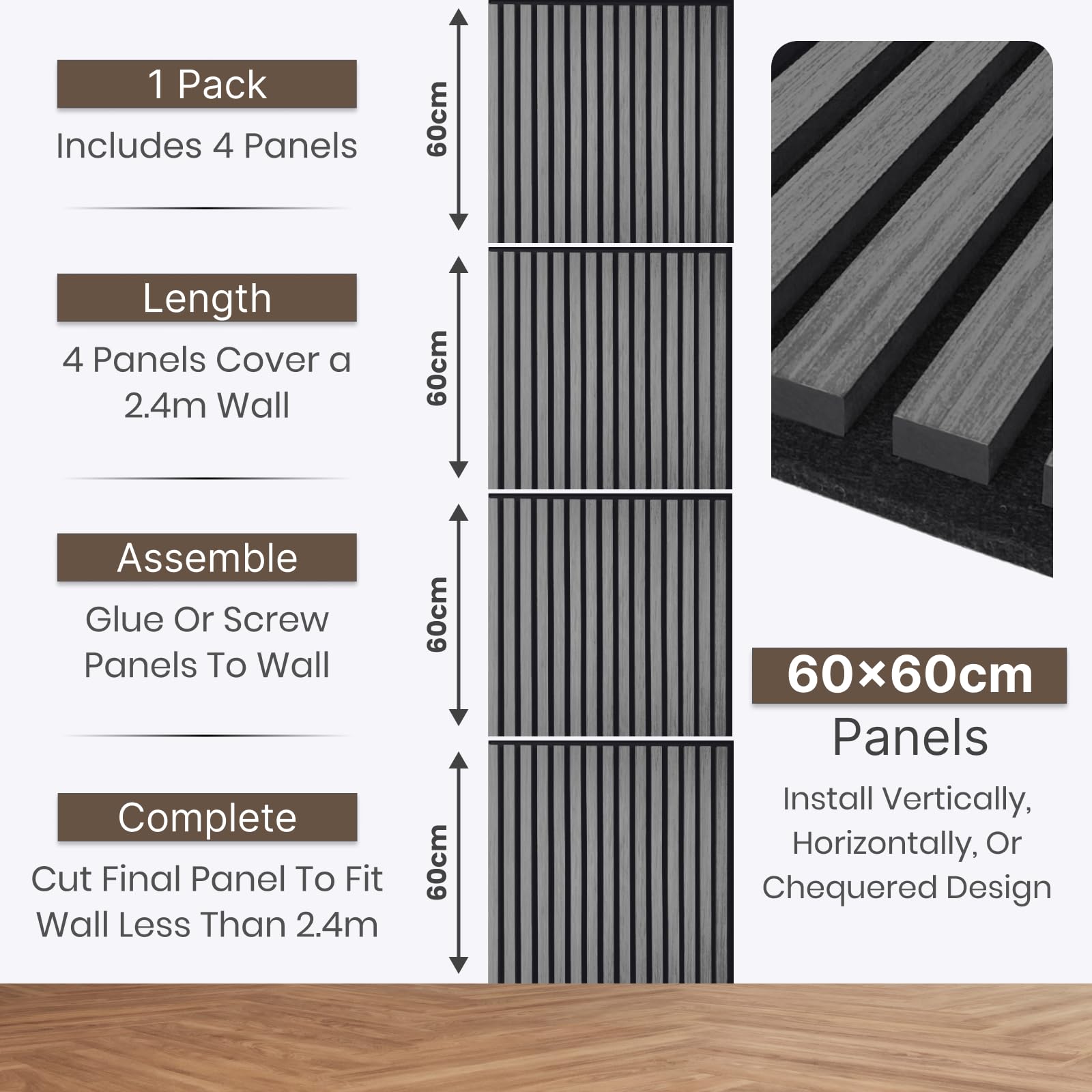 CLICK-DECK Pannelli da parete in legno, pannelli acustici di alta qualità, pannelli fonoassorbenti, ignifughi e certificati FSC, pannelli in legno per pareti, confezione da 4, 60 x 60 cm (grigio