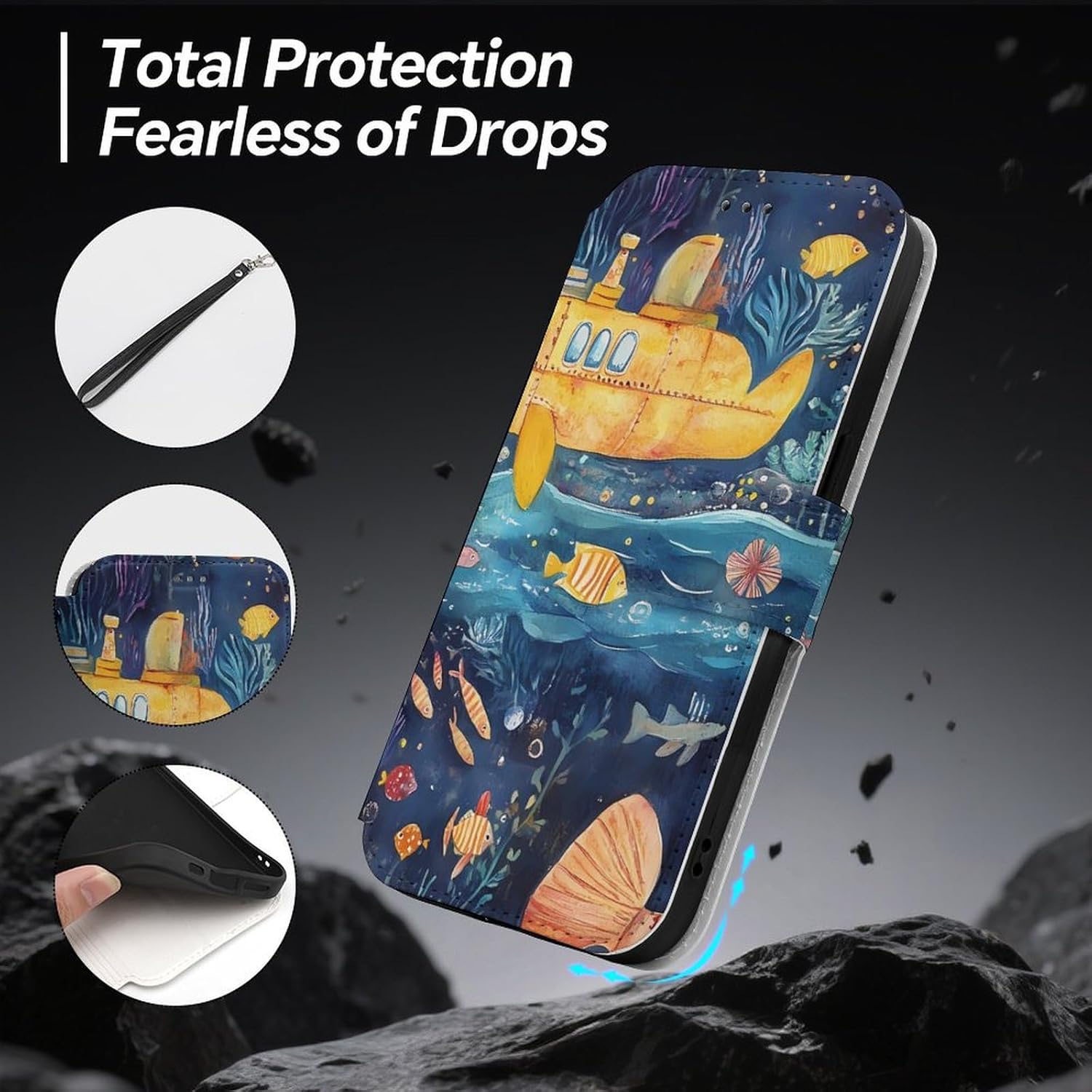 Deep Sea Sub Compatible with iPhone 16/16 Plus/16 Pro/16 Pro Max/16 E Case Phone Wallet Card Holder Flip Cover with Wrist Strap