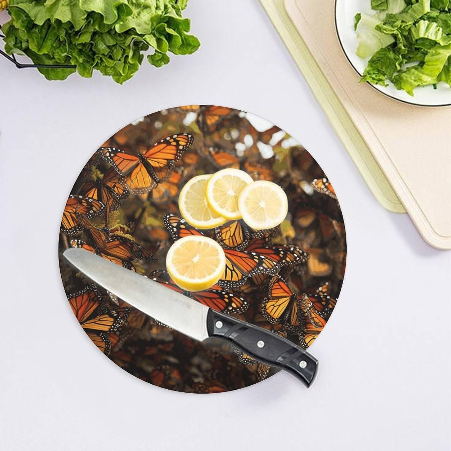 Monarch Butterflies Cutting Board Portable Small Chopping Boards Tempered Glass Kitchen Counter Protector Non-Slip Round Charcuterie Boards Mat for Bar Cheese Board