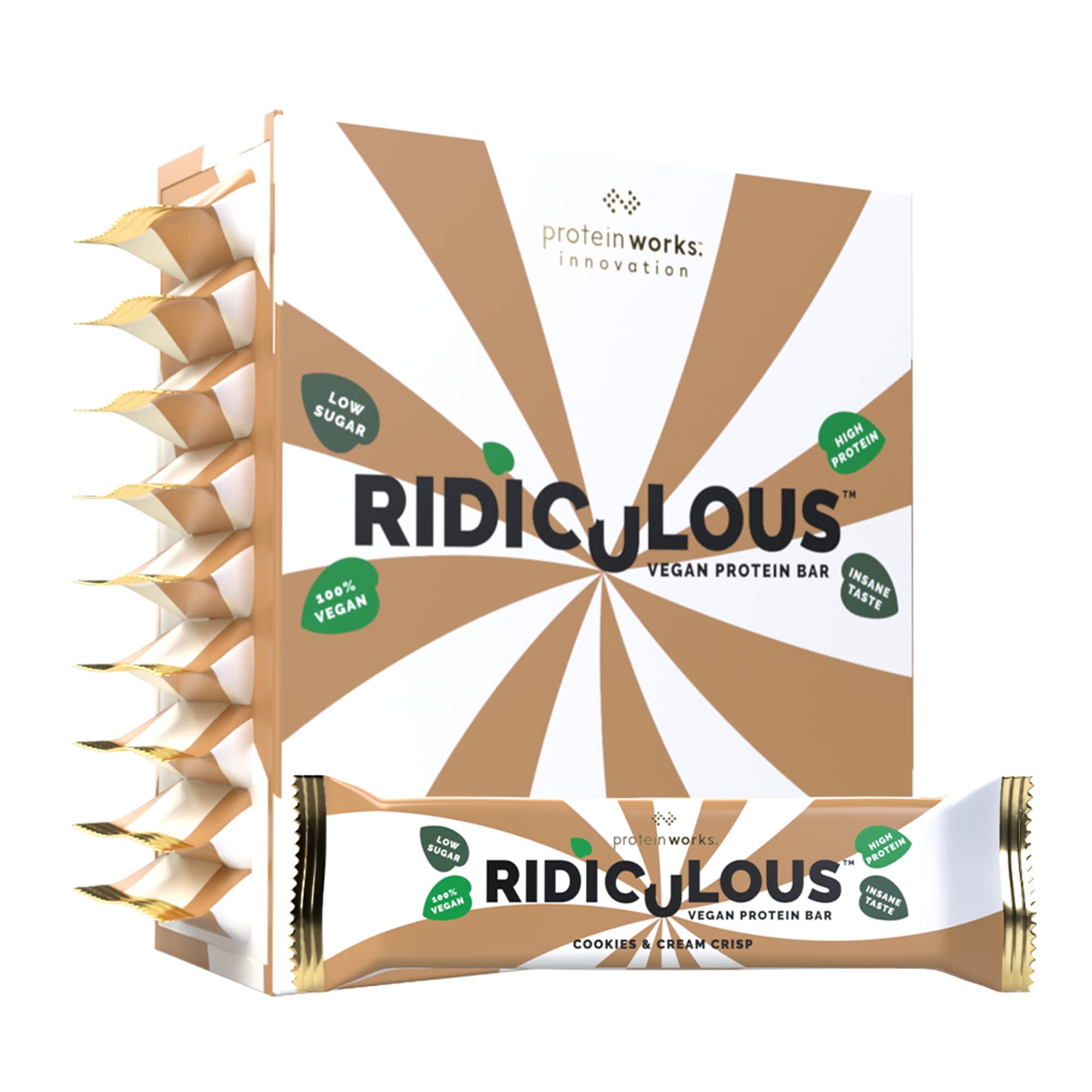 Ridiculous Vegan Protein Bar - Award Winning, Cookies 'n' Cream Crisp, 9 Bars, 100% Plant Based & Palm Oil Free, High Protein - Protein Works