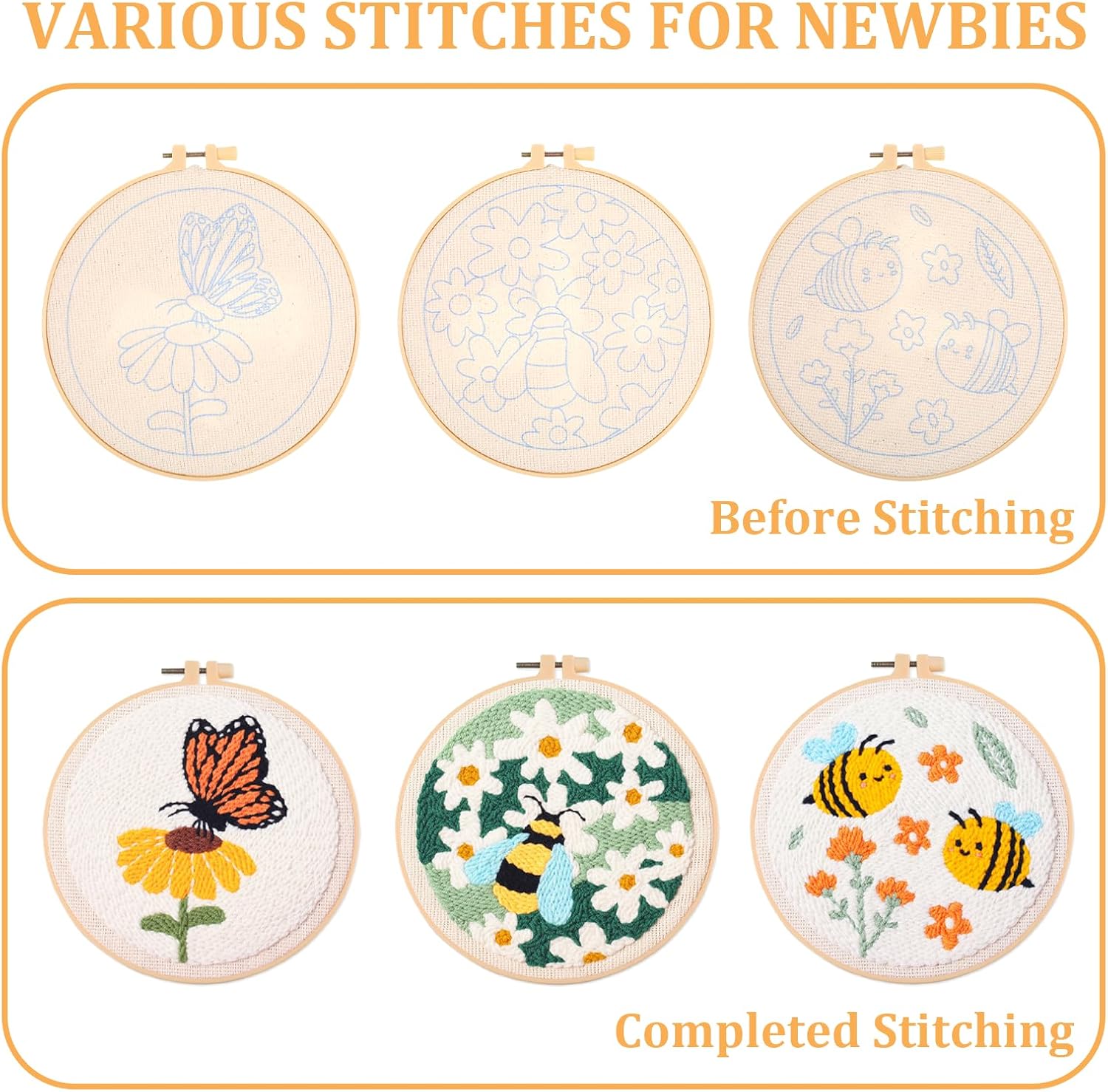 3 Pcs Punch Needle Kits, 7.87 Inch Cute Floral, Bees and Butterfly Punch Needle Kit for Adults Beginner Children Needles Punching kit with Embroidery Hoop, Instruction, Fabric, Sewing Needles, Yarns