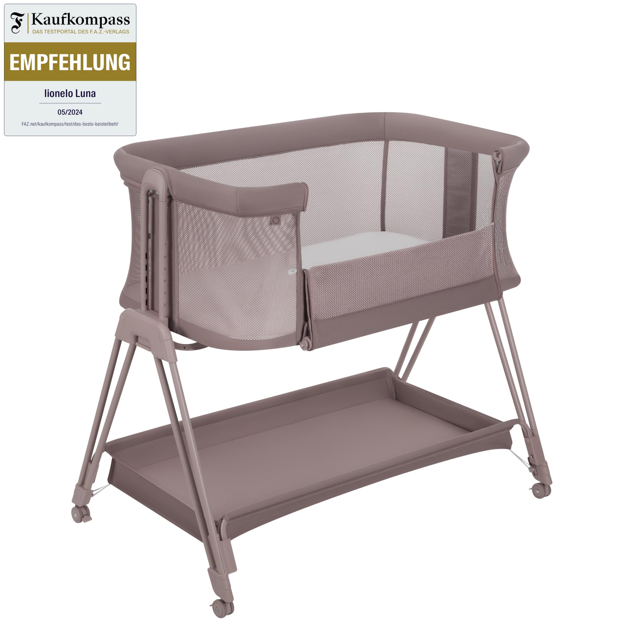 lionelo LUNA lettino portatile con materasso, co-sleeping, da neonato a 9kg, altezza e inclinazione regolabili, 4 ruote con blocco, fissaggio al letto dei genitori, arioso lettino da affiancare