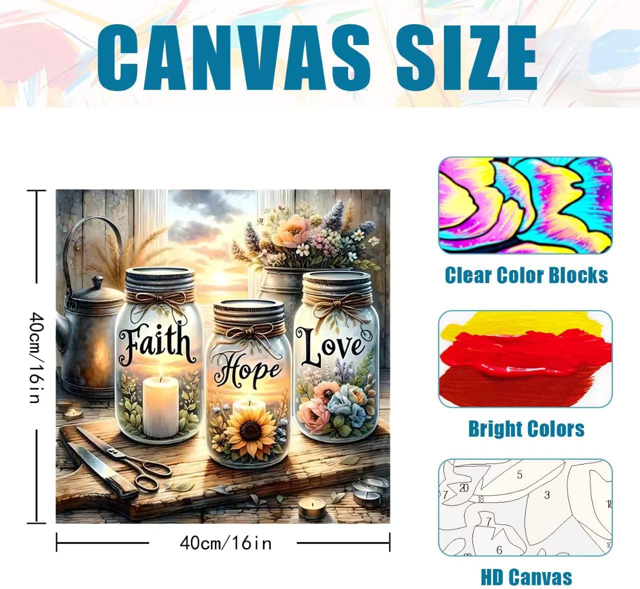 TOPMCYSG Easy Paint by Numbers Kit for Adults Beginner,Faith,Hope,Love Paint by Number Canvas for Adults,Inspirational DIY Acrylic Oil Number Painting for Adult Home Wall Decor 16x16in (Without Frame)