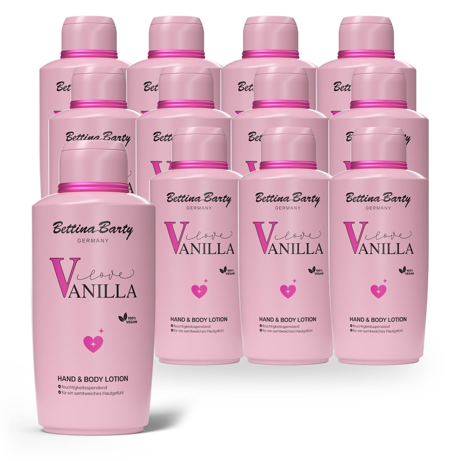 Bettina Barty Love Vanilla Hand & Body Lotion 12 x 500 ml – Feuchtigkeitspflege mit süß-warmem Vanilleduft für Haut & Hände – Mit schnell einziehender Formel