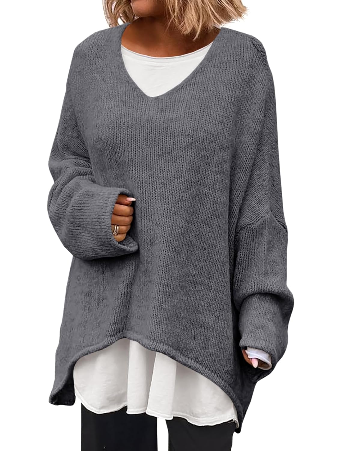 Saodimallsu Womens Oversized V Neck Sweaters Batwing Long Sleeve Knit Fall Slouchy Pullover Sweater Tops