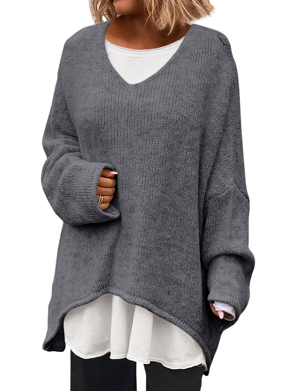 Saodimallsu Womens Oversized V Neck Sweaters Batwing Long Sleeve Knit Fall Slouchy Pullover Sweater Tops