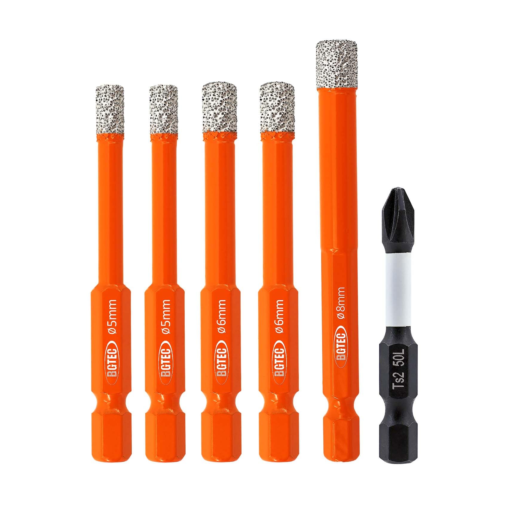 BGTEC Diamond Drill Bit Set 6PCS - 5MM*2+6MM*2+8MM Tile Bits with PH2 Screwdriver Bit for Porcelain Tile Marble Granite Concrete Wood Masonry