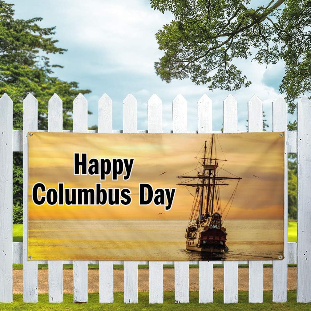 Vinyl Banner Multiple Sizes Happy Columbus Day Advertising Printing B Lifestyle Outdoor Weatherproof Industrial Yard Signs Orange 4 Grommets 16x40Inches