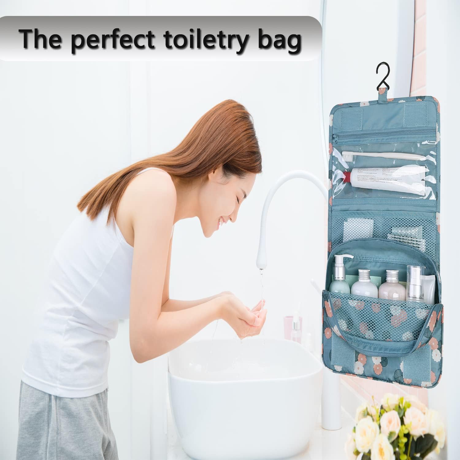Hanging Toiletry Bag, Travel Hanging Toiletry Wash Makeup Organizer Bag for Women Girls Kids Blue, Blue Flower - Image 3