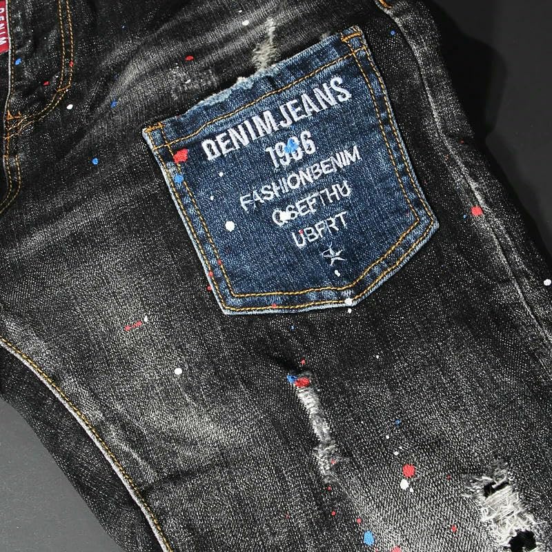 Street Men Jeans Retro Slim Fit Ripped Mens Pocket Trousers Spliced Hip Hop Vintage Denim Pants4