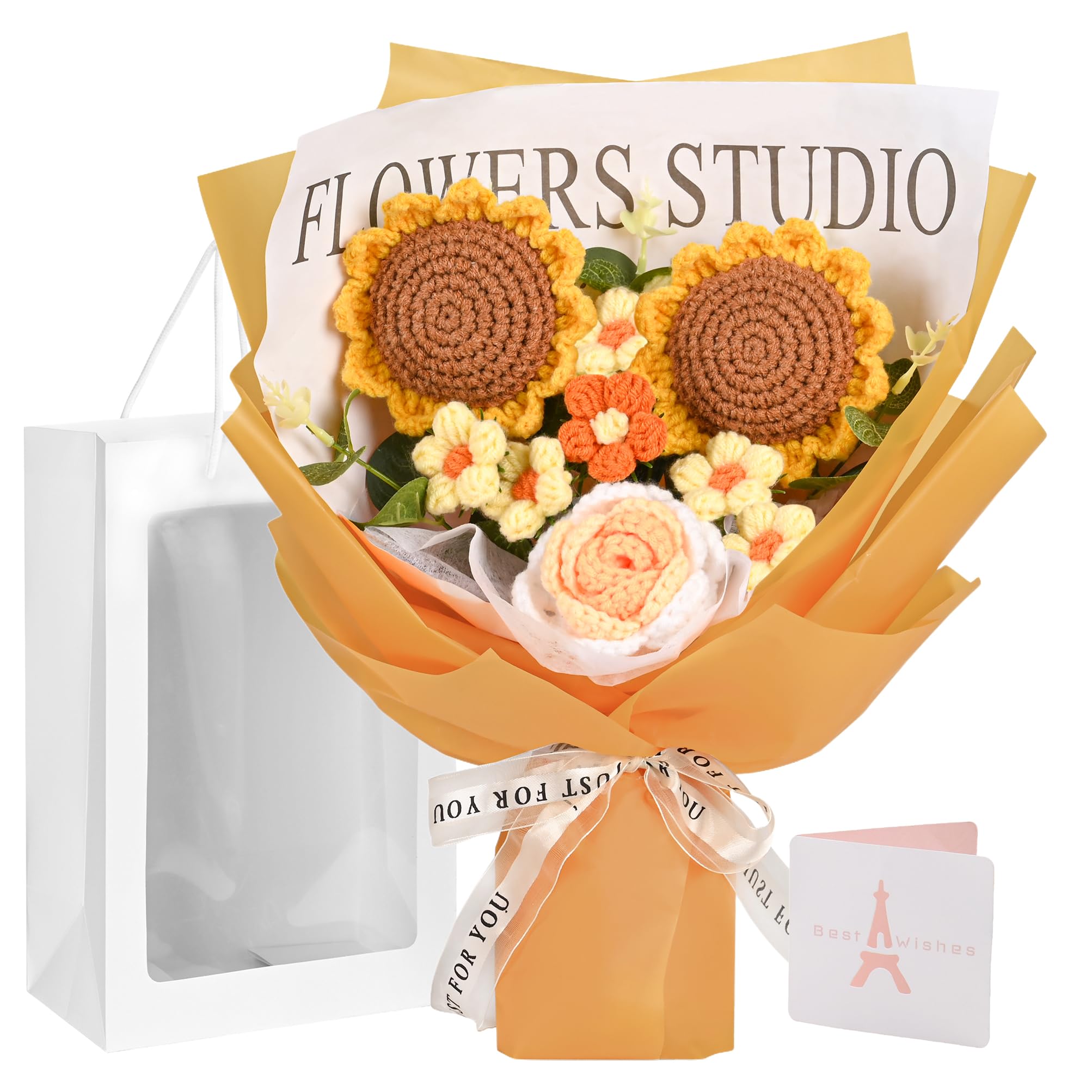 Gouraml Crochet Flower Bouquet, Crochet Flowers Handmade Sunflower Bouquet, Romantic Gift for Her, Anniversary, Birthday, Wedding, Graduation Home Decor Gift for Women Girlfriend Wife Lover