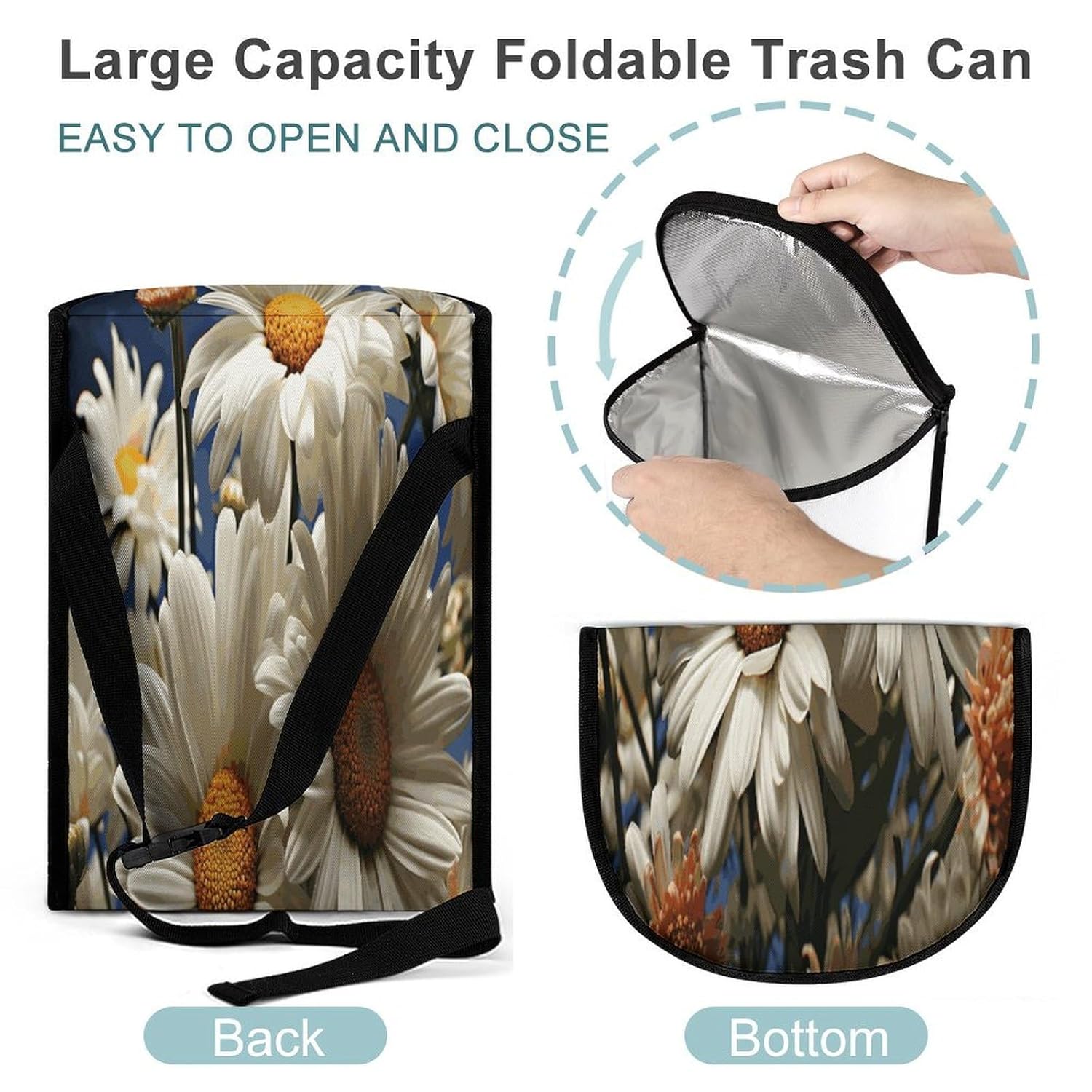 Floral Daisy Car Trash Bag Large Capacity Car Garbage Can with Lid Collapsible Portable Auto Trash Bin Hanging Auto Organizer Storage Bag for Travelling Outdoor
