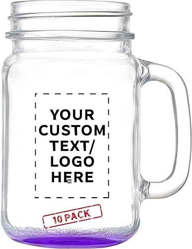 DISCOUNT PROMOS Libbey Mason Jars - Juego de 10 tarros con asas, 16 onzas, texto personalizado, logotipo, estilo tradicional, alto estándar, morado